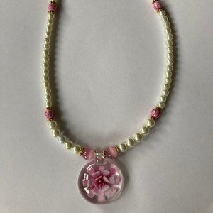Pearl with Pink 3D Floral Pendant Necklace